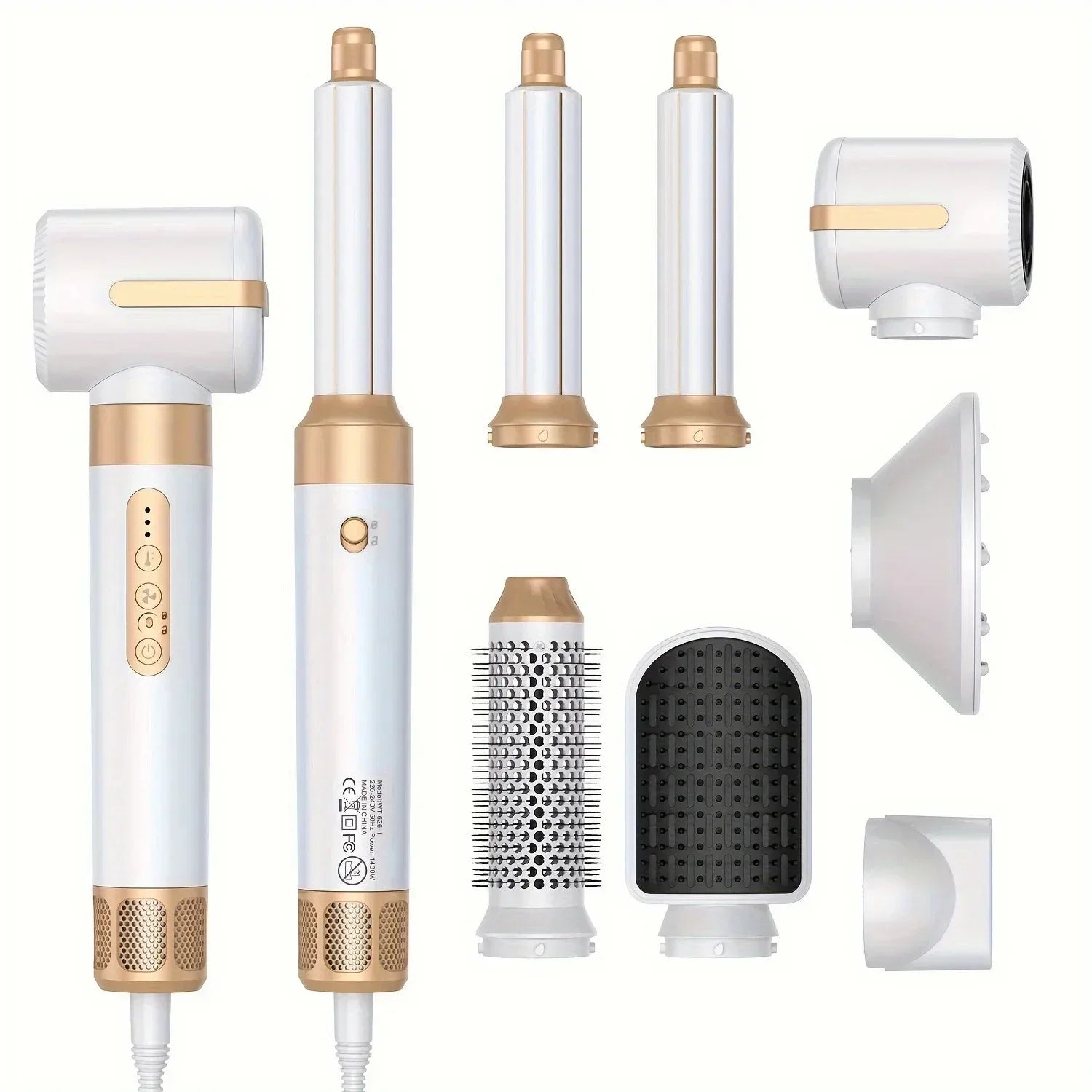 TINSOL 7-in-1 white and gold hair dryer and curling set with versatile styling attachments for professional hair care.