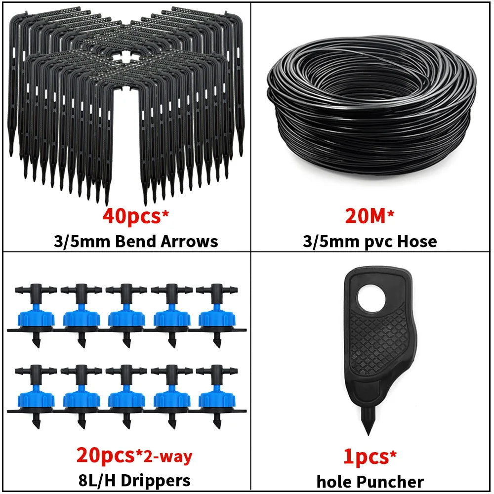 2-way drip irrigation kit with coiled 3/5mm hose, 20 blue drippers, and hole puncher