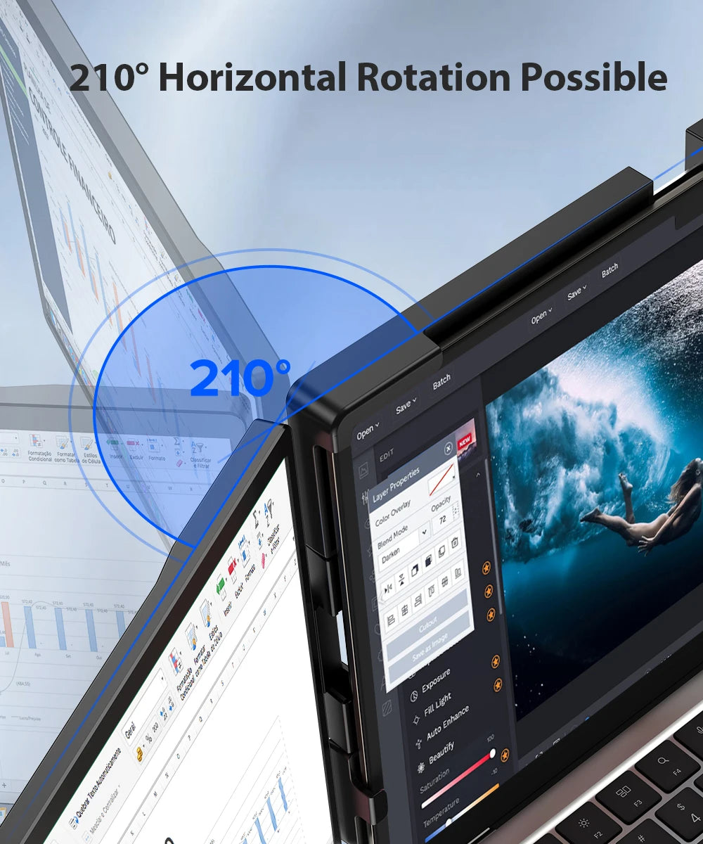 UPERFECT First 2K 14' Tri Screen Laptop Monitor Extender Triple Display 360° Rotatable Attachable Portable Monitor for Laptop