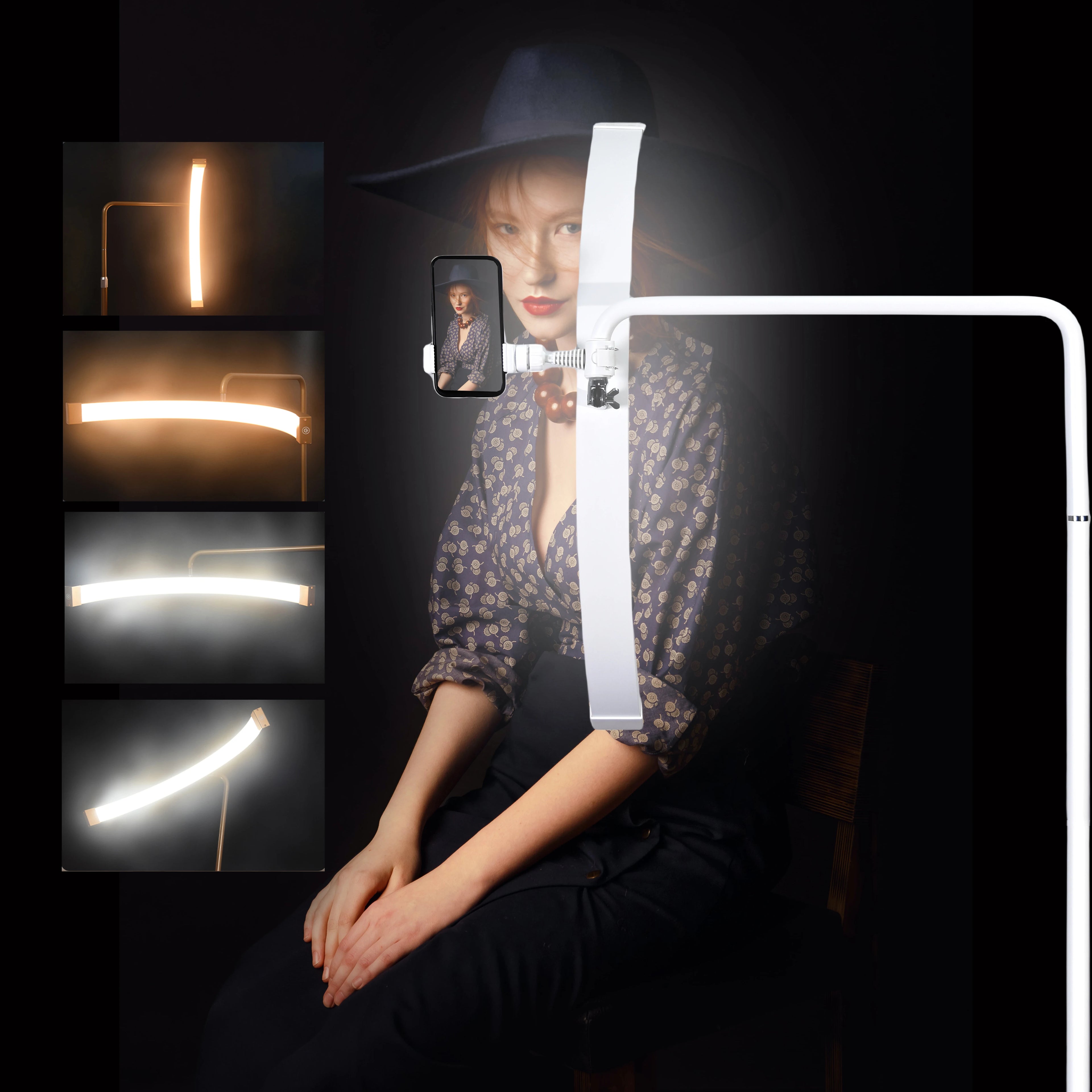 Curved white floor-standing LED light with an integrated smartphone mount, used for studio photography and content.