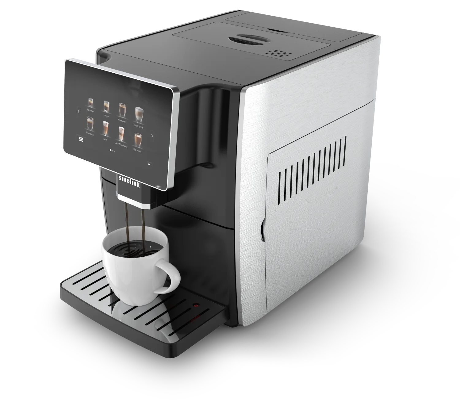 Sinolink automatic espresso coffee machine in black and brushed silver, featuring a large touchscreen interface.