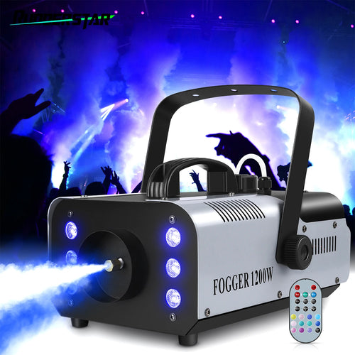 Black fog machine with handle, blue LED rings, and wireless remote control included