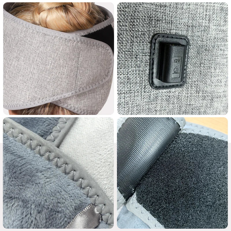 Grey red light heating headband for migraine and stress relief with adjustable plush fabric, velcro, and 12V power port.