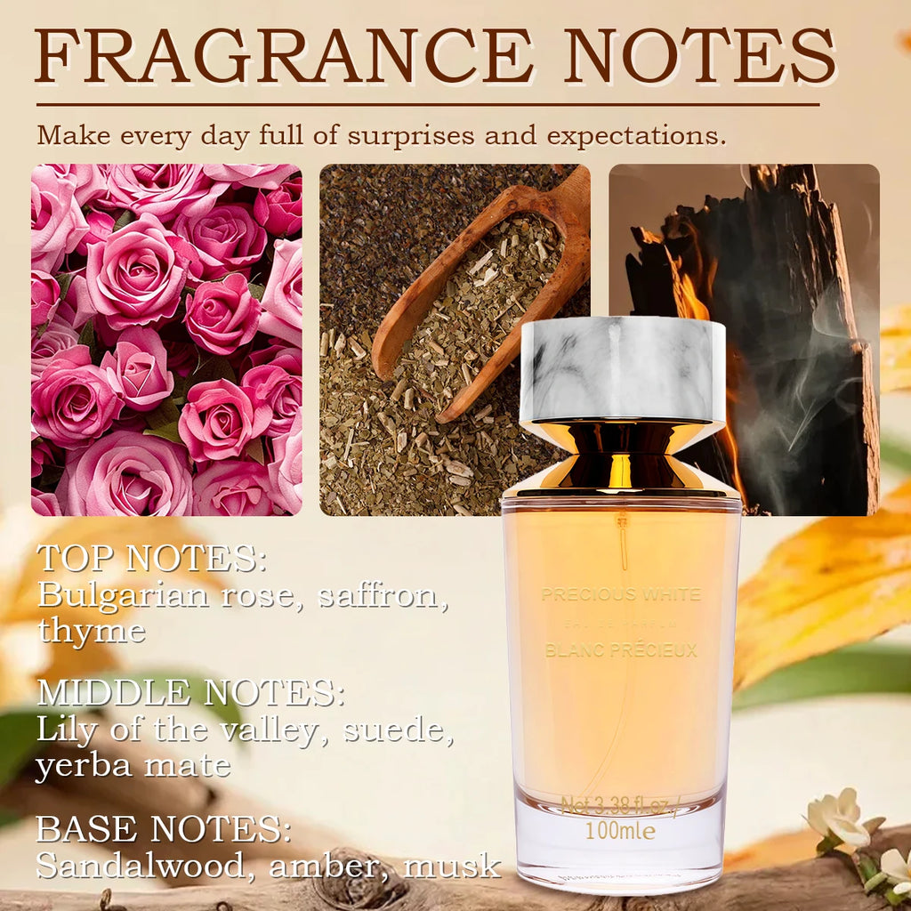 Precious White perfume in a 100ml cylindrical glass bottle with a marble-patterned cap and gold neck.