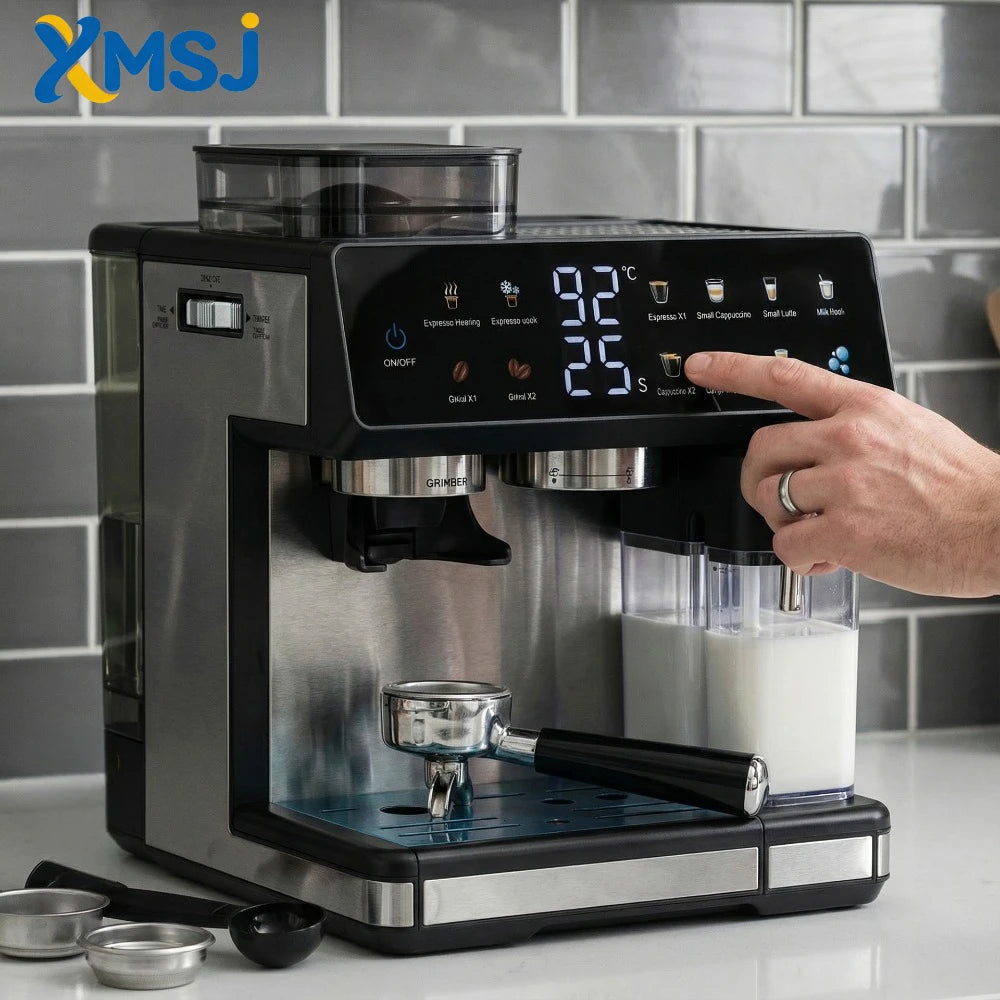 XMSJ stainless steel digital espresso machine with built-in grinder and integrated milk frother on kitchen counter.