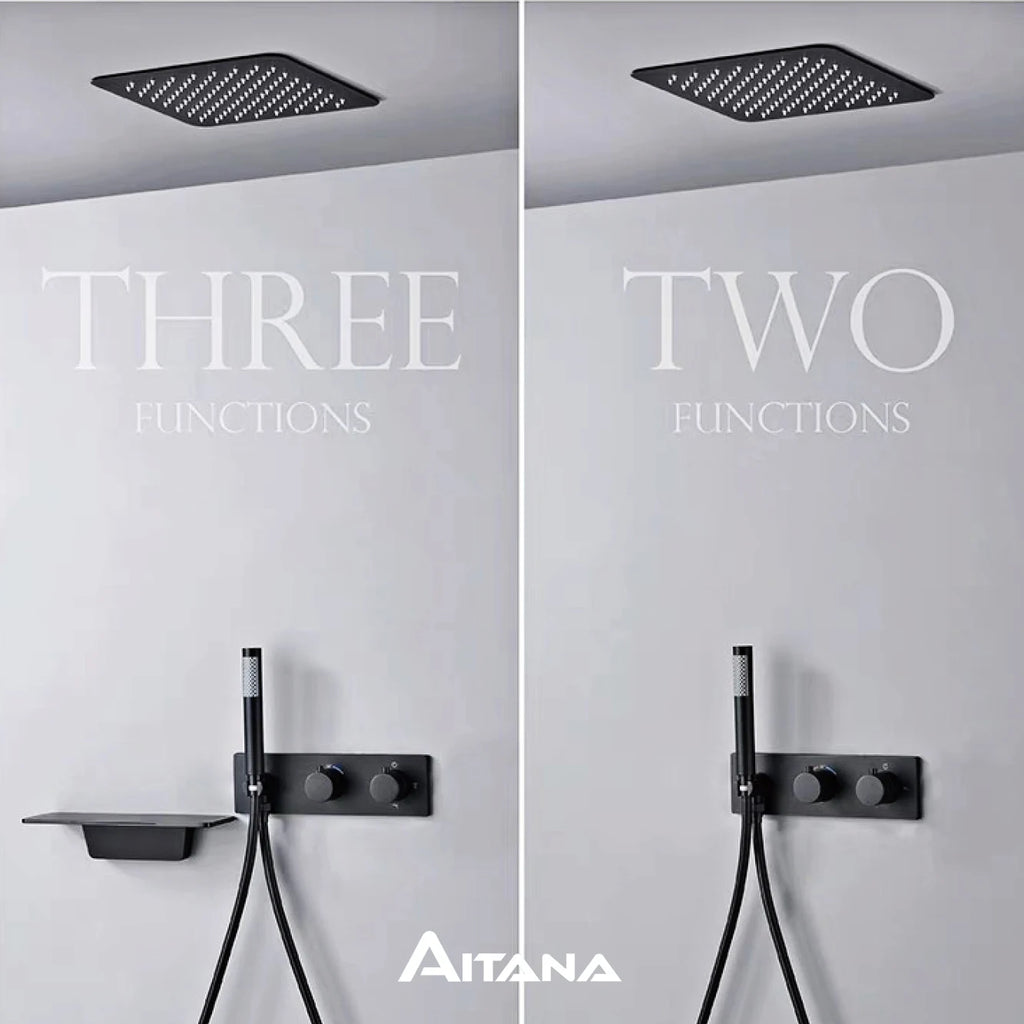 Modern Black Brass Bathroom Thermostatic Ceiling Type Shower System Wall-Mounted 3-Function Waterfall Tap for Cold & Hot Wate