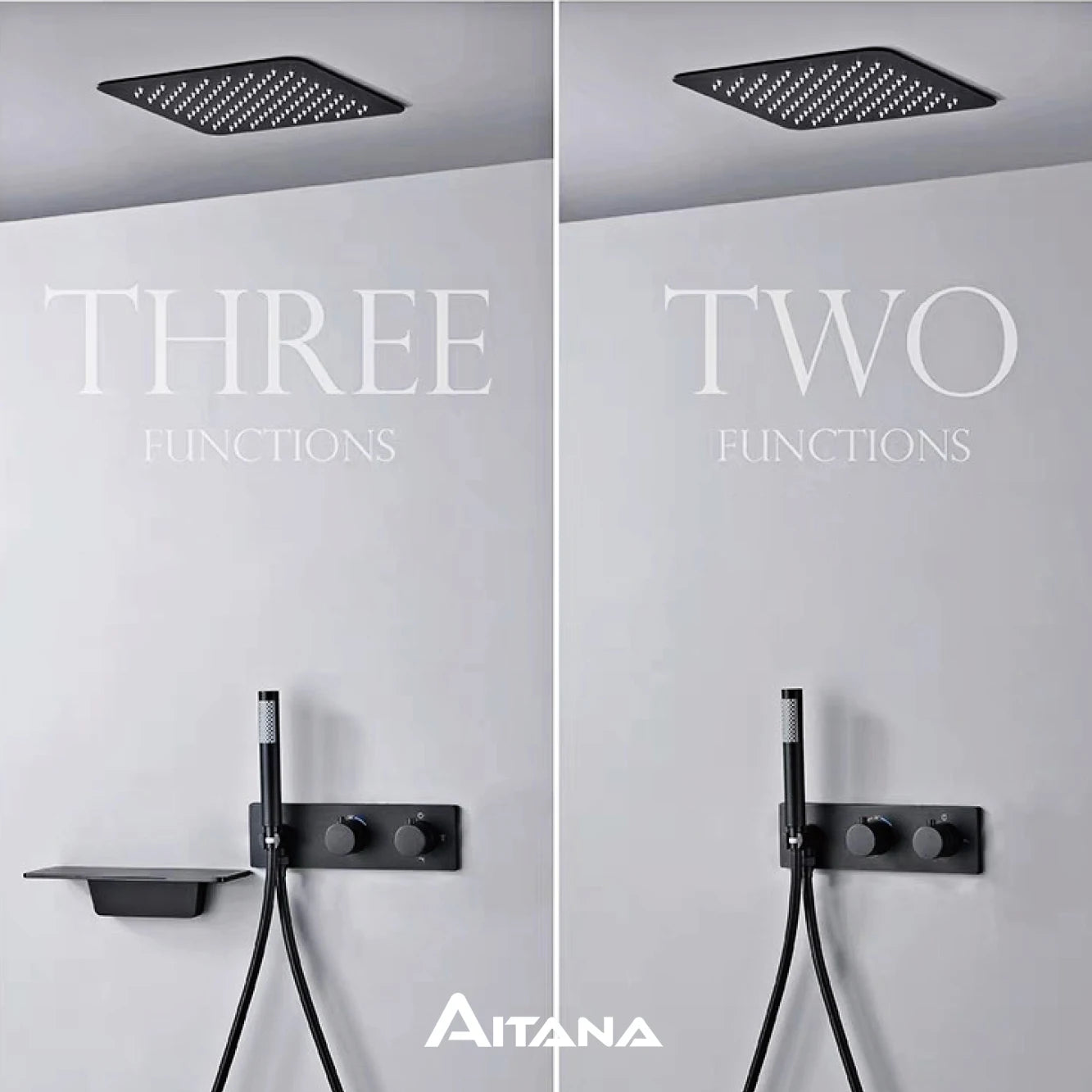 Modern Black Brass Bathroom Thermostatic Ceiling Type Shower System Wall-Mounted 3-Function Waterfall Tap for Cold & Hot Wate
