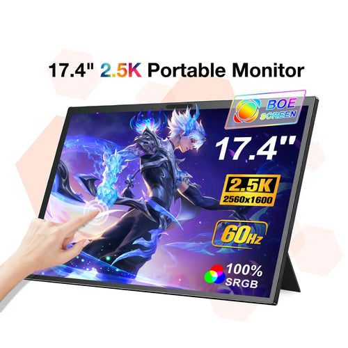 17.4-inch portable gaming monitor, 2.5K screen with BOE logo; angled display, black bezel
