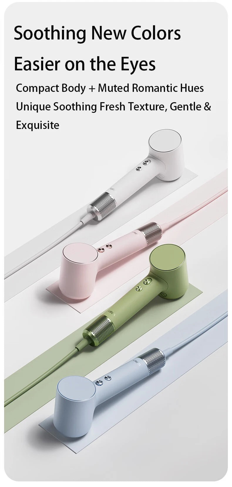 Laifen Mini high-speed hair dryers in pastel colors with compact, 299g lightweight designs for home and travel use.