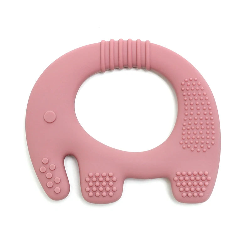 Pink elephant silicone baby teething ring for soothing relief.