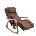 Brown rocking recliner with light wood frame, quilted fabric padding, headrest, and adjustable leg rest for relaxing.