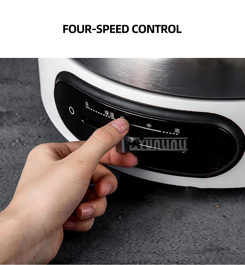 Electric hot pot control panel with four-speed slider, hand pressing settings on white unit