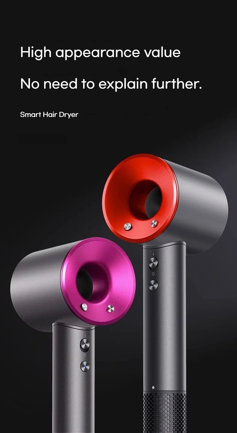 High-speed negative ion hair dryer in grey with red and pink magnetic nozzles and intelligent temperature control.