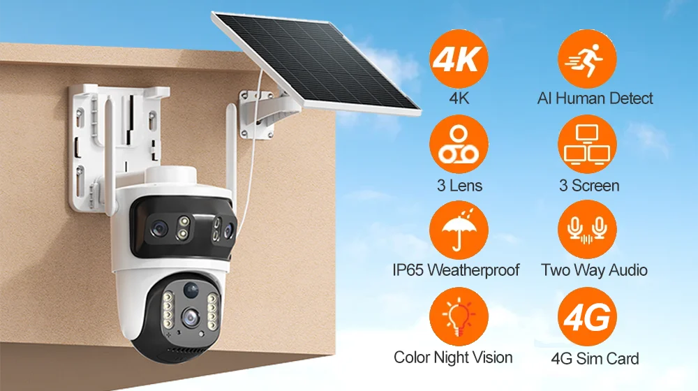 V380 Security Camera 3 Lens 12MP HD 4G Wireless Outdoor Automatic Tracking Humanoid PIR AI Detection 10000mAh PTZ Camera