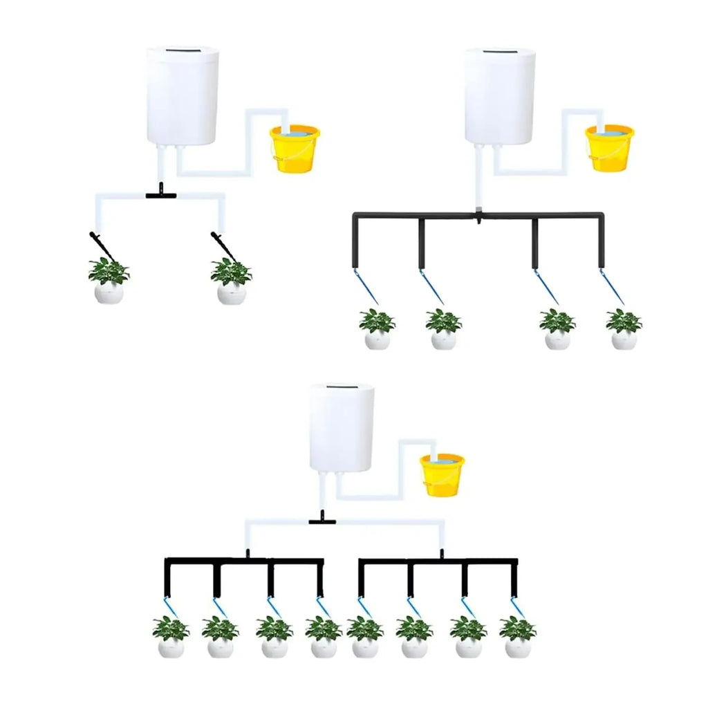 Automatic plant watering system with white pump and multiple drippers, shown for different pot counts.