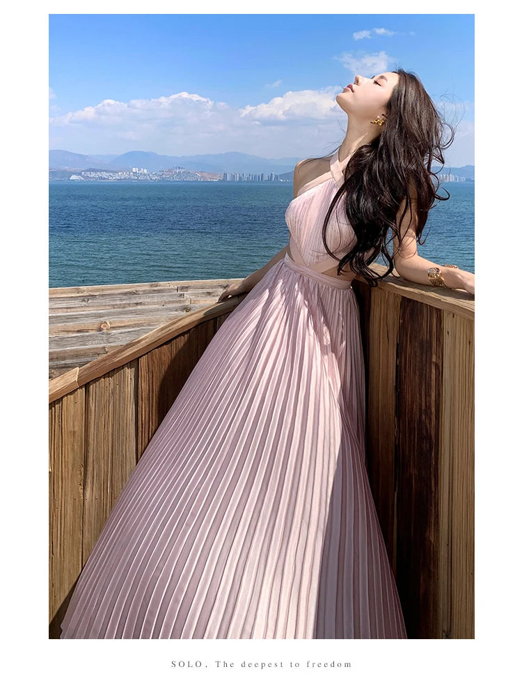 New Sexy Club Birthday Party Pleated Robe Long Dresses Women Summer Halter Neck Sleeveless Off The Shoulder Holiday Beach Dress