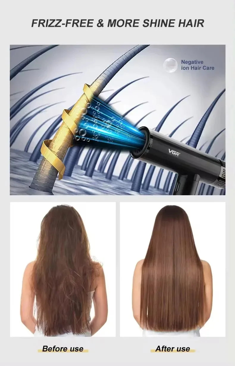 VGR V-427 negative ion professional hair dryer shows before and after frizz-free, shiny hair styling results.