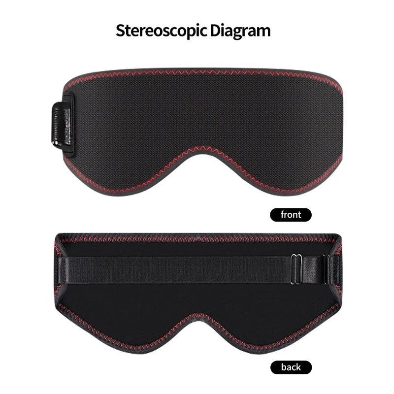 Front and back view of a black, contoured heated eye mask with red decorative stitching and an adjustable head strap.