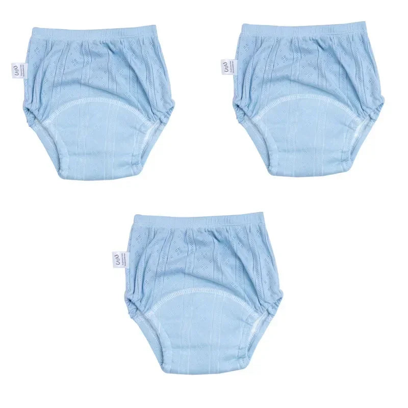 3-pack of light blue baby training diaper pants, reusable cotton underwear for potty training.