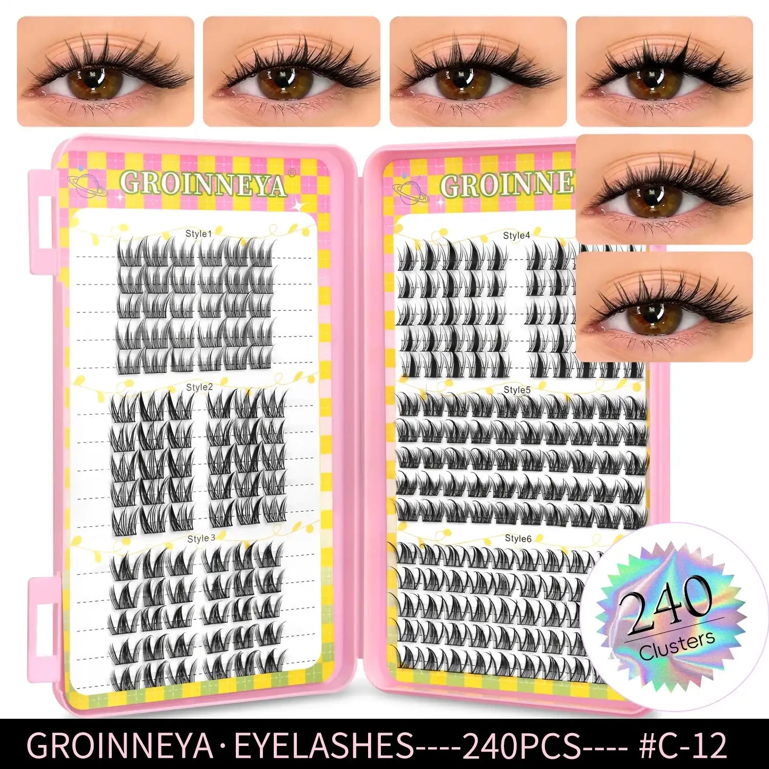 GROINNEYA Eyelashes Clusters 320 pcs Natural Eyelash extension Cluster Lashes Volume Mixed Tray Lashes Cluster Natural Lashes False Eyelashes C12 Tidesmit