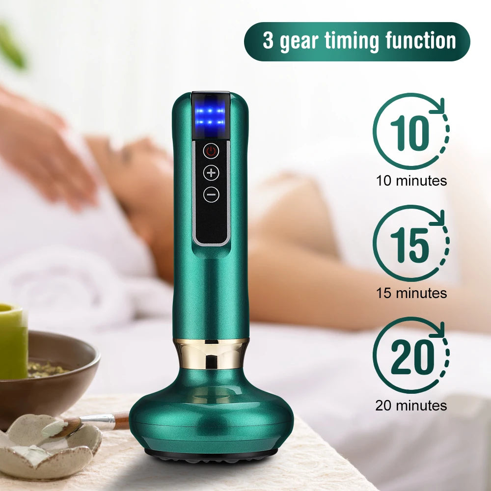 Green electric vacuum cupping massager with 3-gear timer, digital display, and anti-cellulite scraping function.