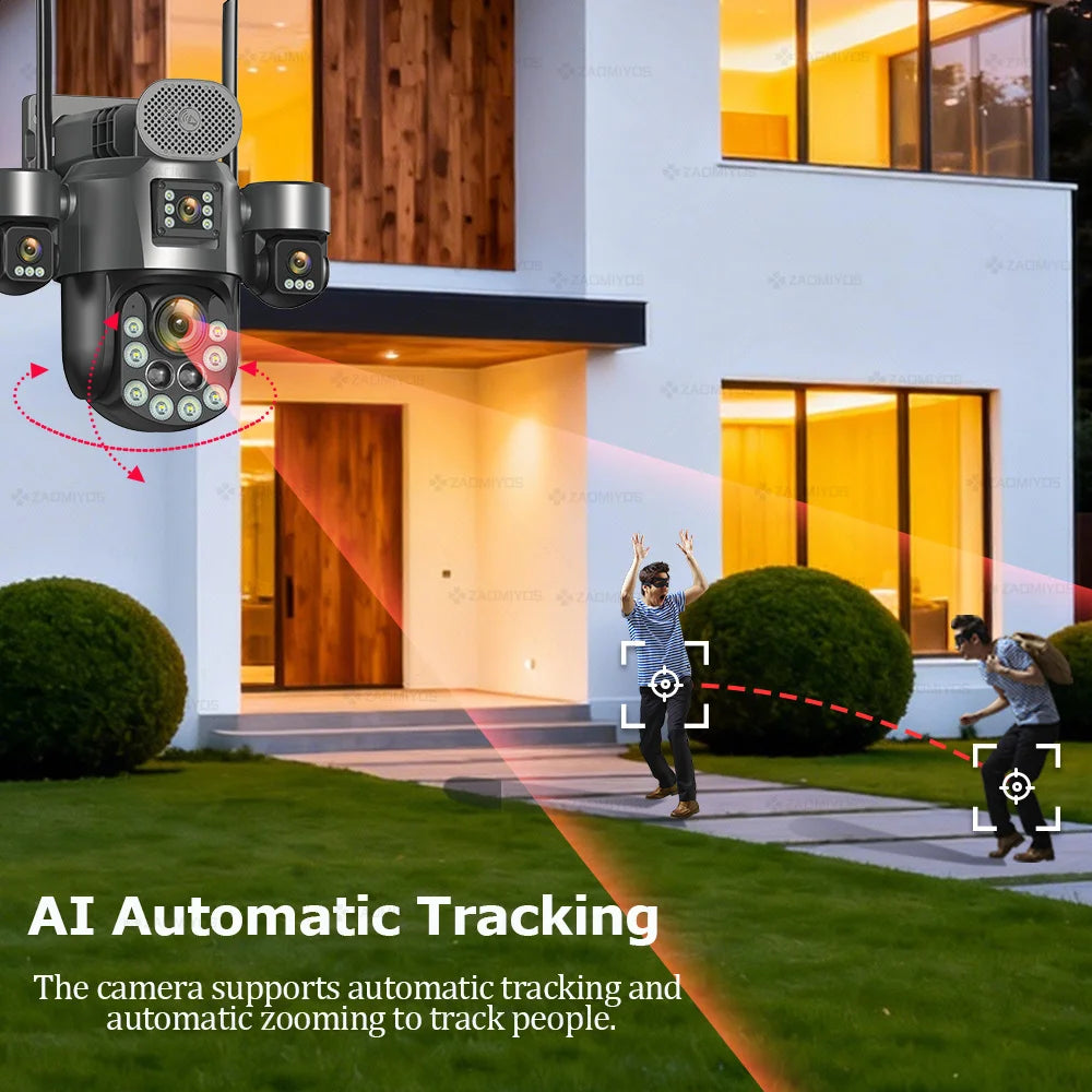 60X Optical Zoom Home Surveillance Solar Cameras 4G Security Protection Auto Track  24/7 Record 4 Screen/4 Lens CCTV PTZ Camera