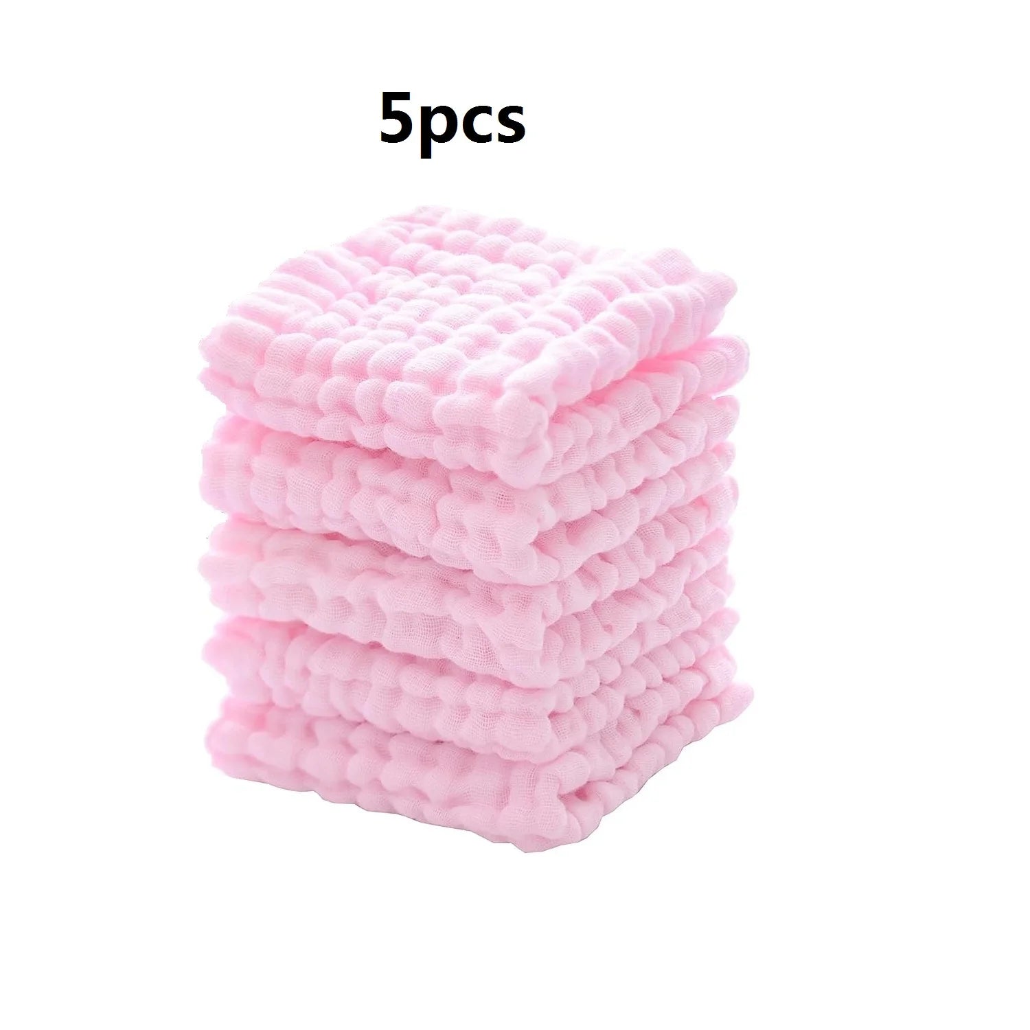 Stack of 5 soft pink cotton baby washcloths for gentle skincare.