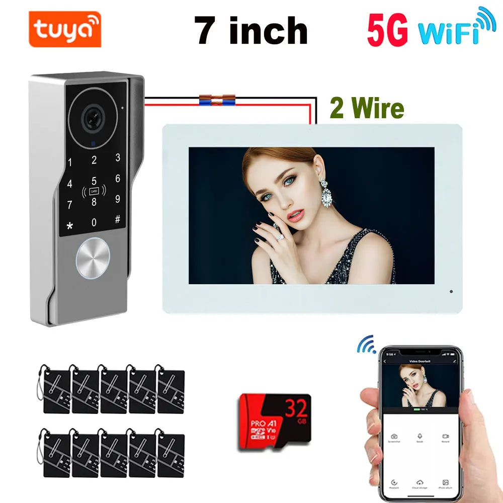 7 inch video doorbell intercom with gray keypad and camera, TUYA branding, 2-wire