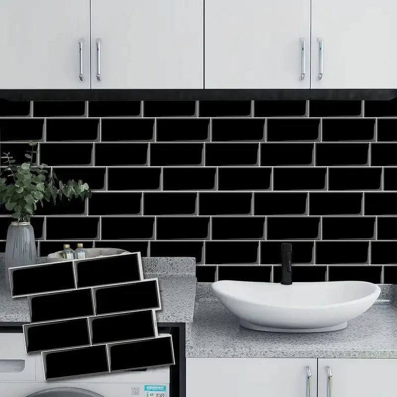 Peel-and-stick backsplash tile sheet with glossy black subway brick pattern, grout lines visible