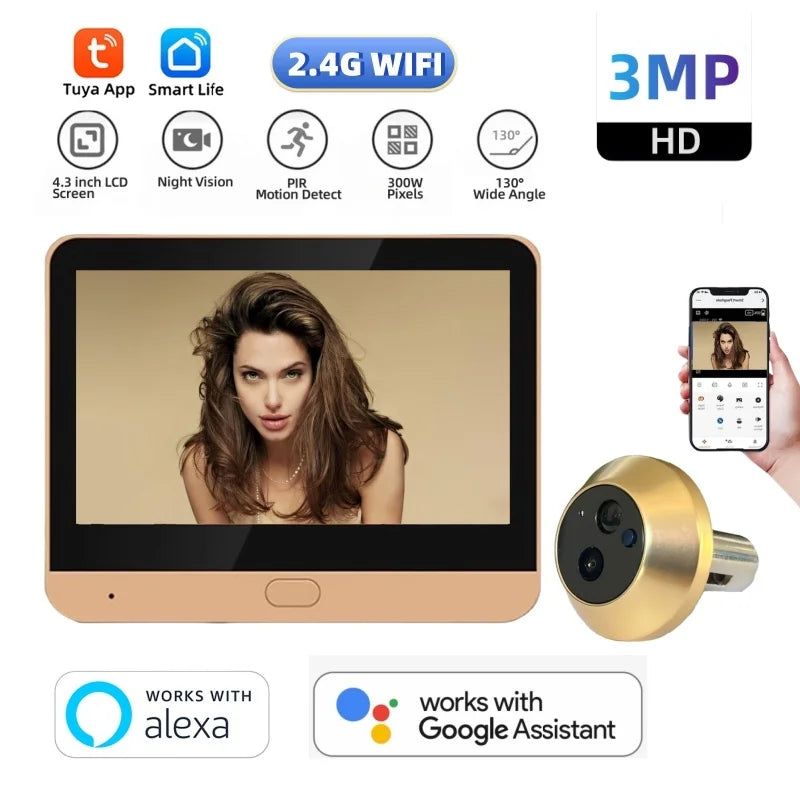 3MP HD WiFi peephole camera set with screen monitor and gold round outdoor module