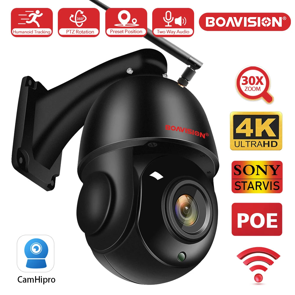 Outdoor IP Camera WIFI POE PTZ 30X Zoom 4K 8MP AI Auto Tracking Humanoid Detection Two Way Audio Security Camera