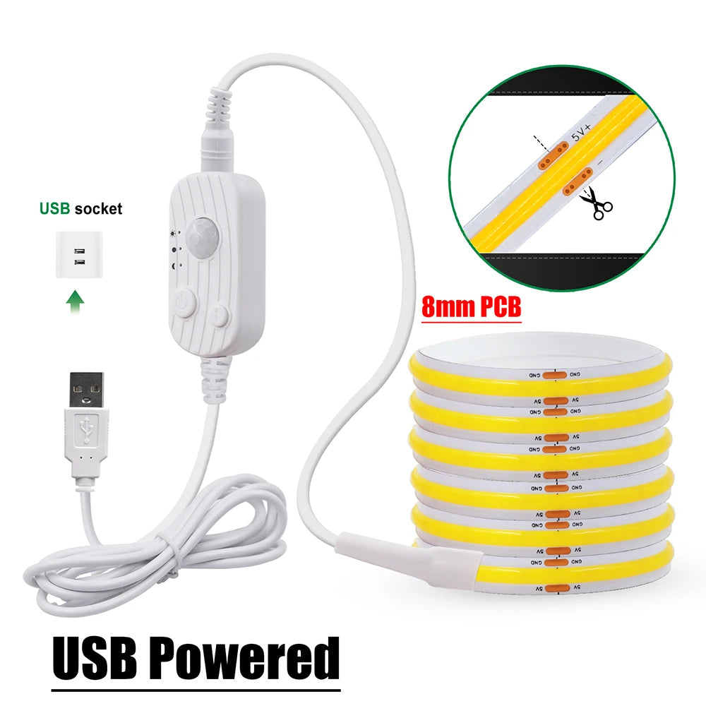 USB-powered LED strip kit with 8mm COB PCB, white controller and coiled tape