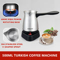 Sokany 500ml stainless steel Turkish coffee maker with 600W rotating base and V-shaped spout on a white background.
