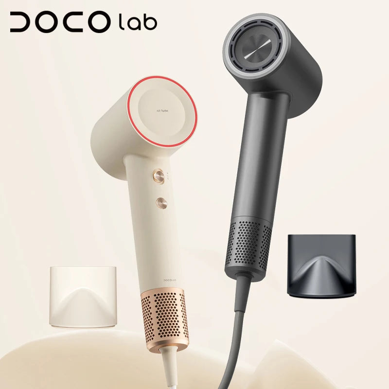 DOCO high-speed hair dryers in beige and grey with magnetic nozzles for professional ion hair care styling.