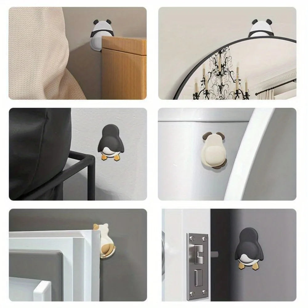 Cute 3D animal door stoppers: panda, penguin, cat anti-collision bumpers for wall and furniture protection. Self-adhesive.