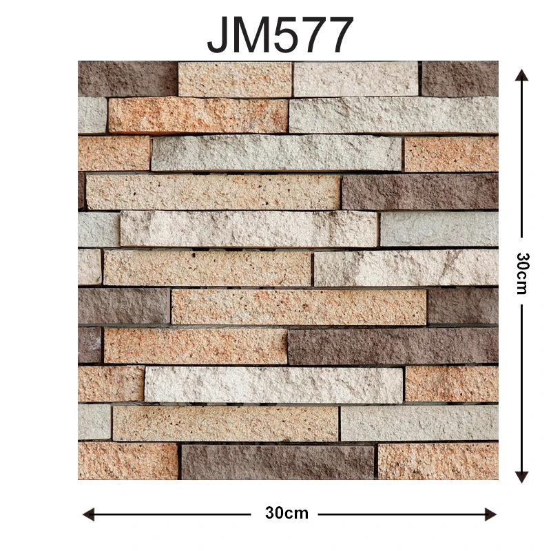 Rectangular brick-style backsplash tile design with multicolor stone look, size diagram 30 cm x 30 cm.