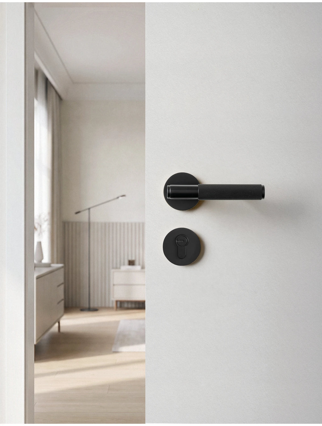 DOOROOM Brass Door Lock Set Modern Knurled Matte Black Interior Door Lock Decorative Lock Privacy Lock Passage Lock
