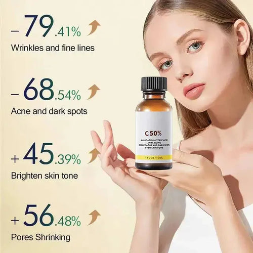 C50% peeling serum bottle with amber glass and black cap next to facial skin benefits labels