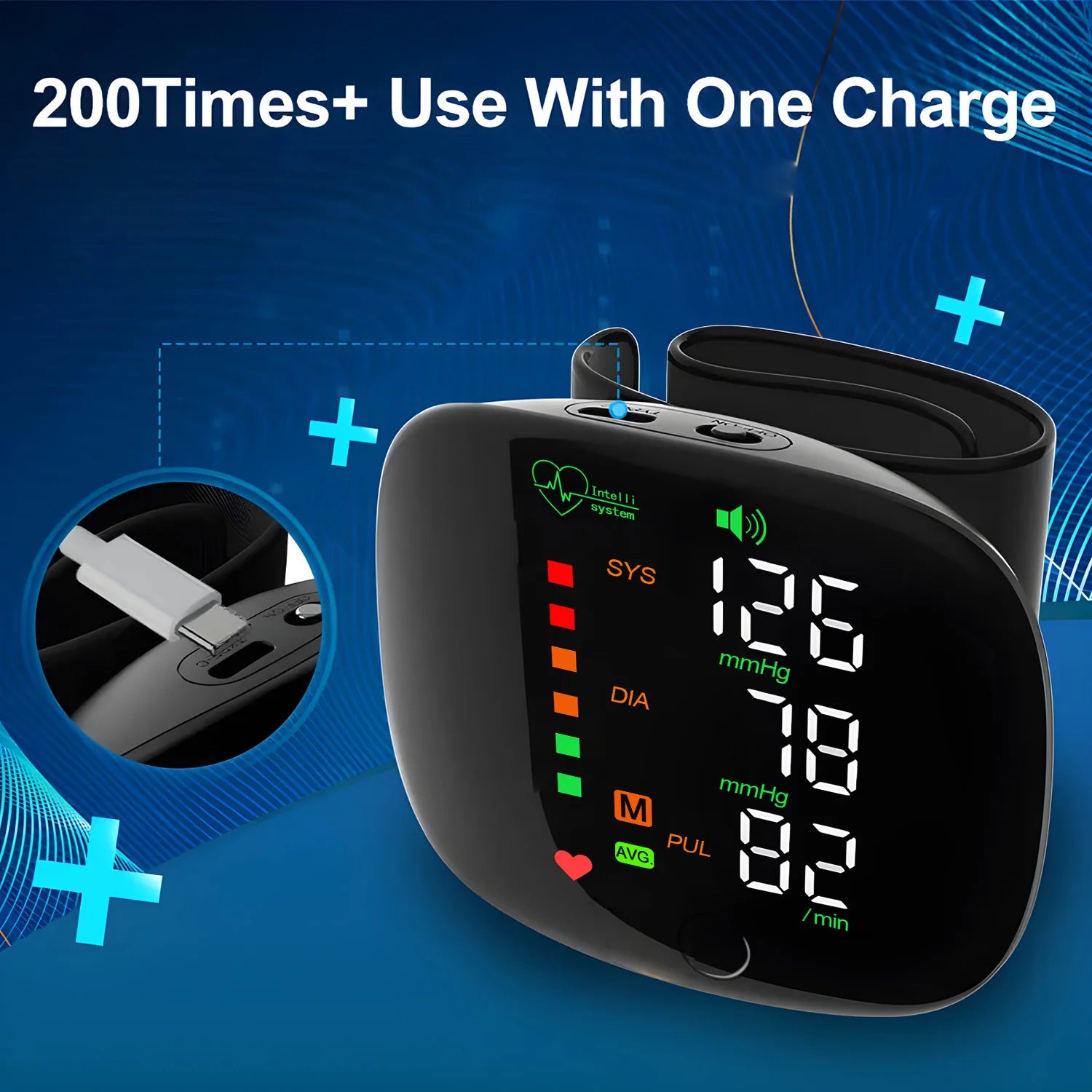 Rechargeable Wrist Blood Pressure Monitor Medical Tensiometro Health Sphygmomanometer Tonometer Heart Rate USB LED Display