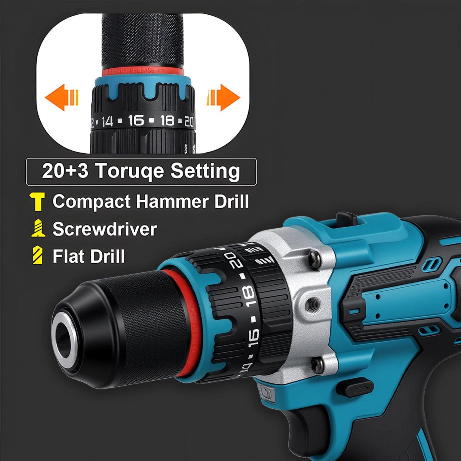 Podofo Brushless Electric Screwdriver Cordless Impact Drill Multi Function Power Drill 3 In 1 Hammer Drill Screwdriver Flat Drill 20+3 Torque For Steel Wood Concrete Drilling