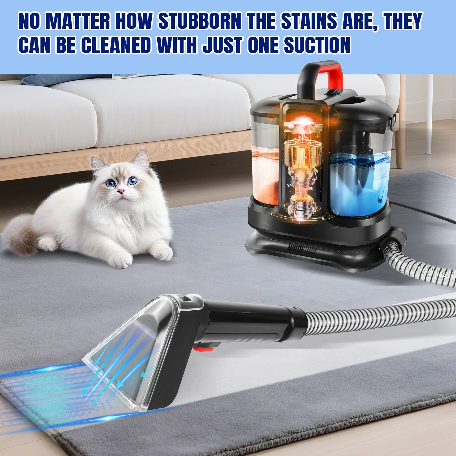 Tidesmit portable spot cleaner cleaning pet messes from car upholstery and sofa fabric in close-up side view