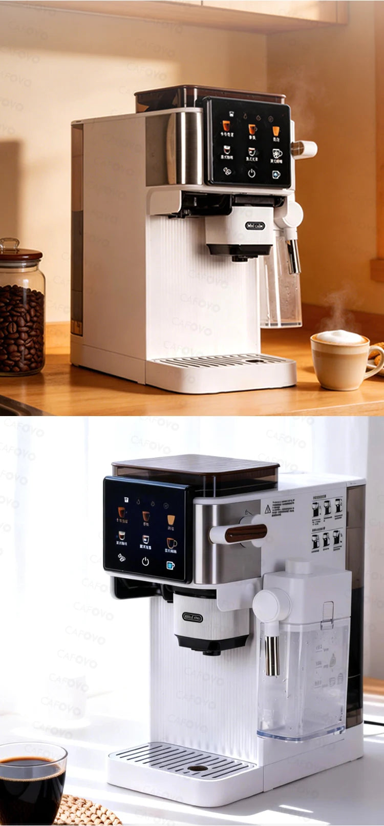 Cafovo white automatic espresso machine with touch screen, milk frother, and wood grain lid on a kitchen counter.