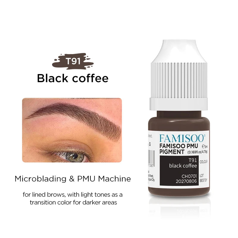 Eyebrow Tattoo Ink - Professional 5ml Microblading Pigment for PMU Machines Permanent Makeup Machines T91 Black coffee Tidesmit