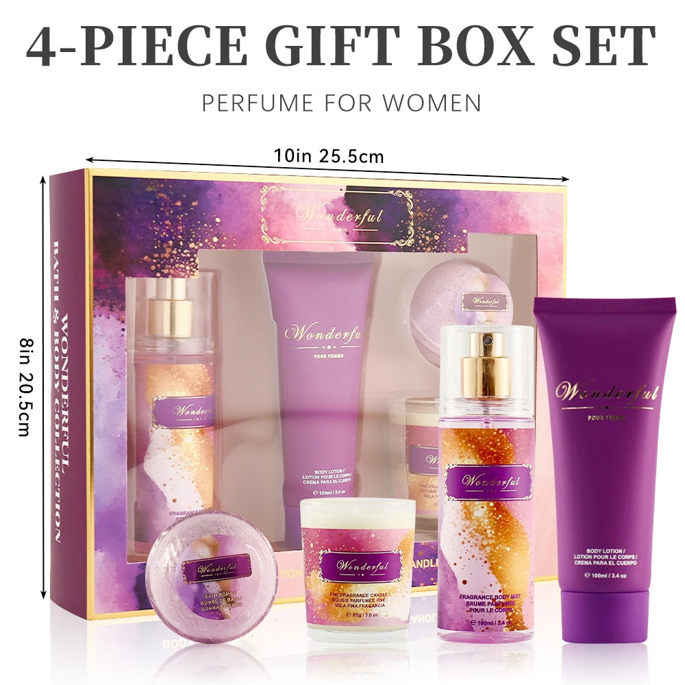 Wonderful 4-piece women's fragrance gift set: 3.4oz body mist, lotion, scented candle, and bath bomb in purple box.