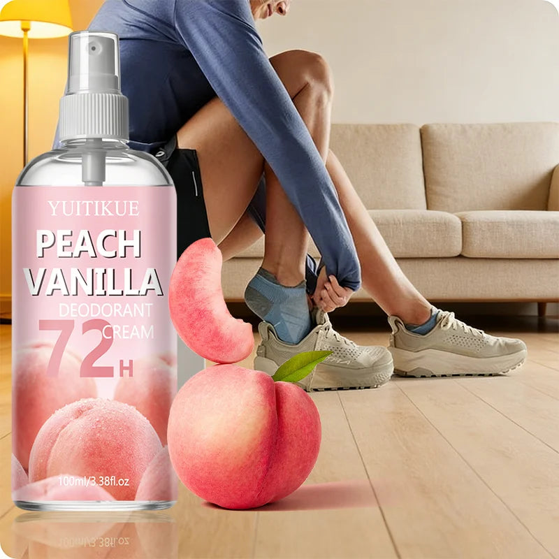 Tidesmit Peach Vanilla 72H long lasting deodorant spray for foot and shoe odor elimination with a fresh scent.