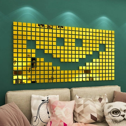 Gold mirror-look square tile wall decal sheet in a wide rectangular mosaic pattern