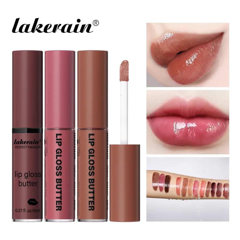 Lakerain non-stick butter lip gloss set with mirror-shine finish, moisturizing long-lasting tint, and diverse color swatches.