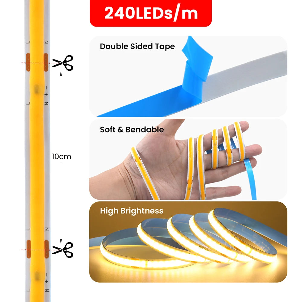 COB LED Strip Light Power Kit 220V 110V AC 3000K 4000K 6000K 2pin 240LEDs/m with IC Driver IP20 8mm PCB Dimmable Linear Lighting