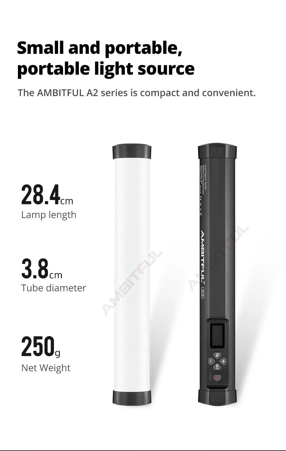 A2 portable LED light tube, 28.4cm long and 3.8cm in diameter, shown in white and black with control interface.