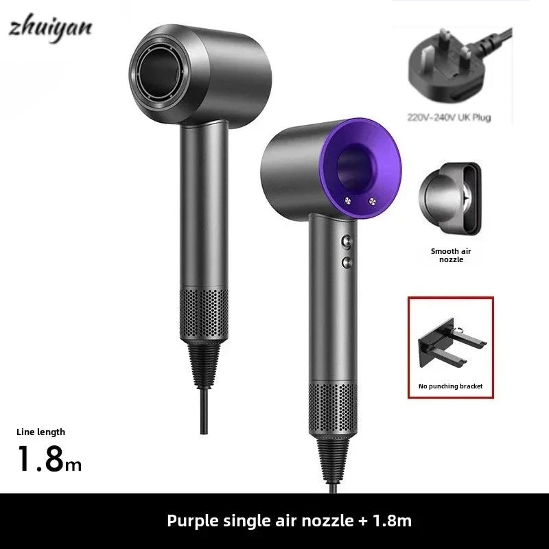 Grey professional leafless hair dryer with purple accent, air nozzle, wall mount, and 1.8m cord. Negative ion salon tool.